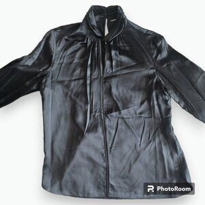 Black Silk Elie Tahari High Collar Button Up Formal Dress Shirt Womens Large Top